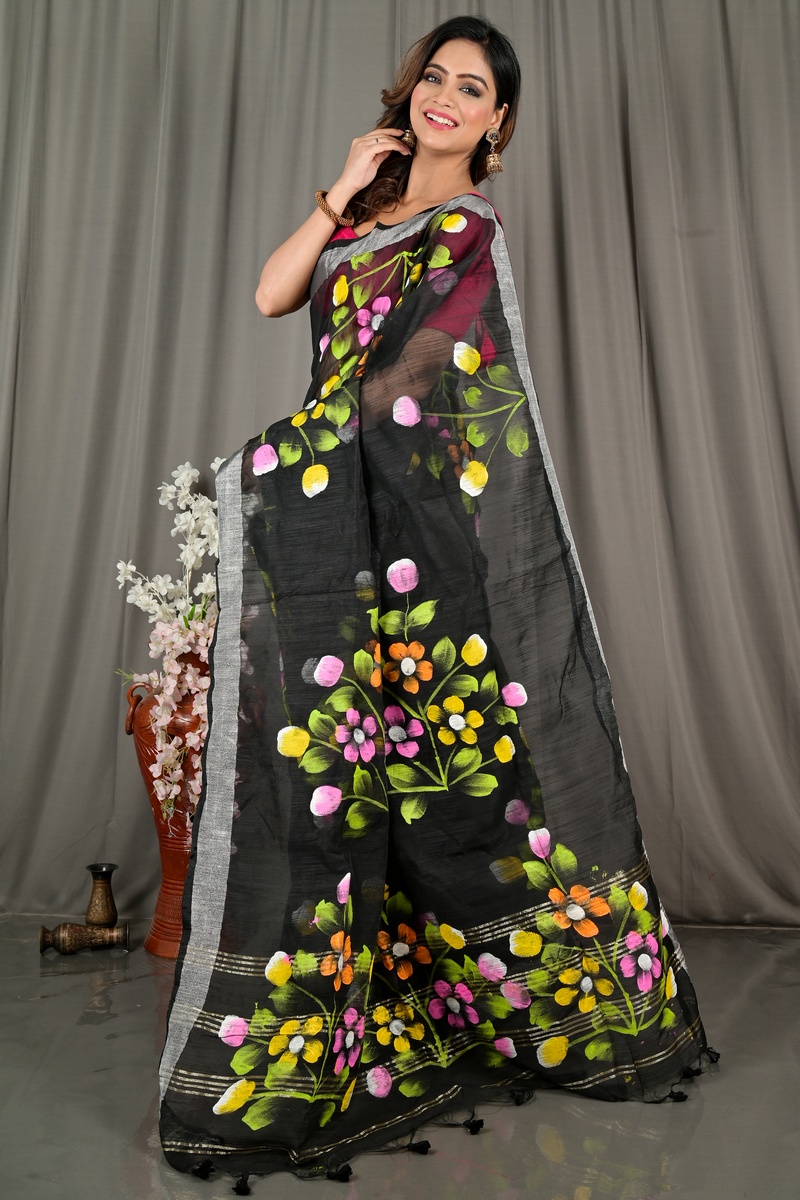 Black Blended Cotton Anito Hand Painted Saree (2081)