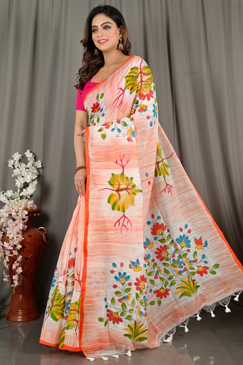 Orange Blended Cotton Korma Printed Handloom Saree (2082)