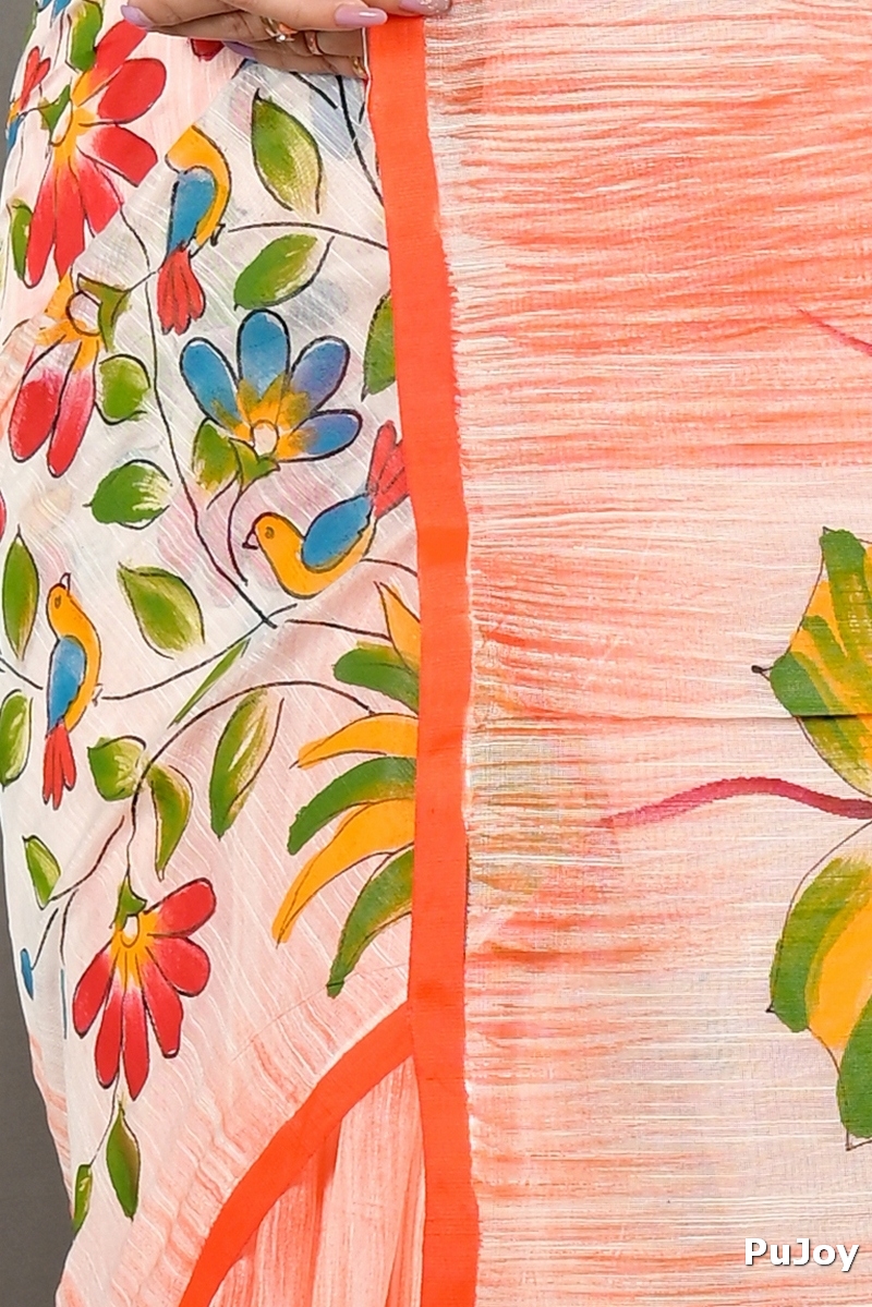 Orange Blended Cotton Korma Printed Handloom Saree (2082)