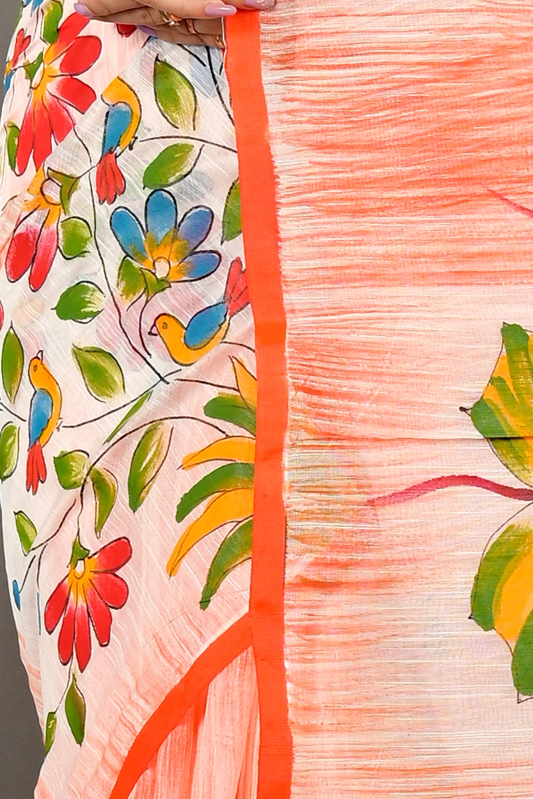 Orange Blended Cotton Korma Printed Handloom Saree (2082)