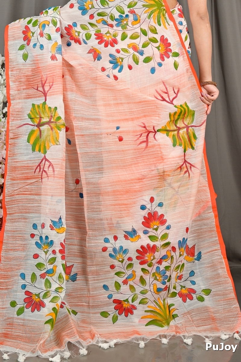 Orange Blended Cotton Korma Printed Handloom Saree (2082)