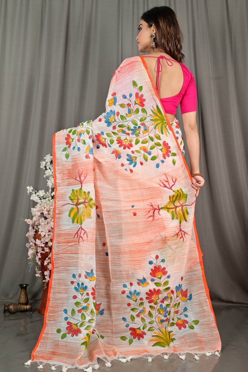 Orange Blended Cotton Korma Printed Handloom Saree (2082)