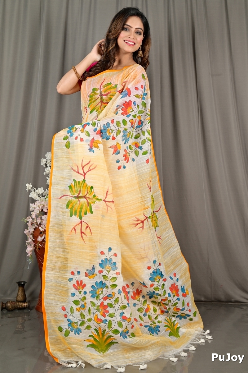 Yellow Blended Cotton Korma Printed Handloom Saree (2083)