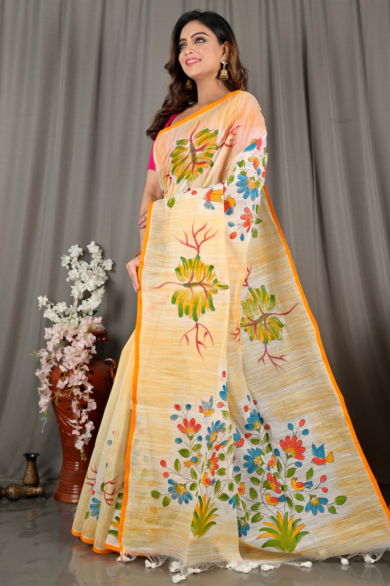 Yellow Blended Cotton Korma Printed Handloom Saree (2083)