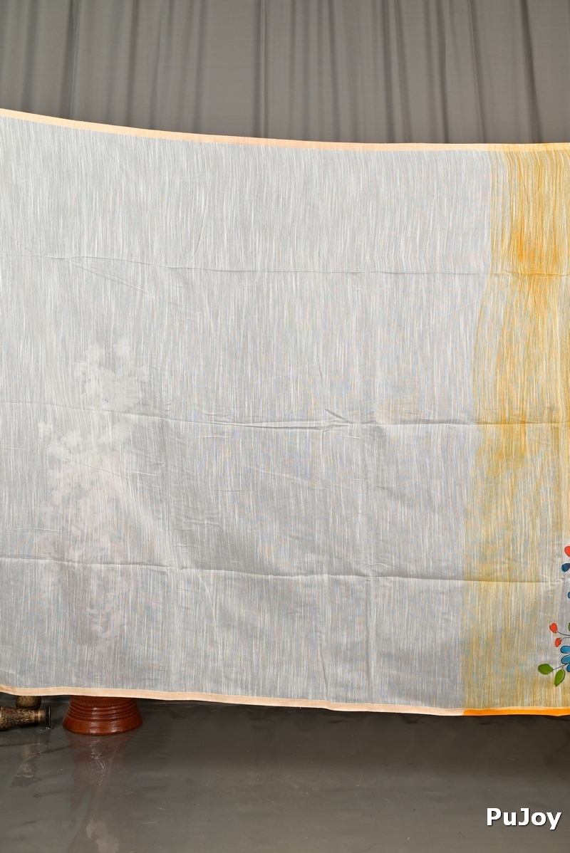 Yellow Blended Cotton Korma Printed Handloom Saree (2083)