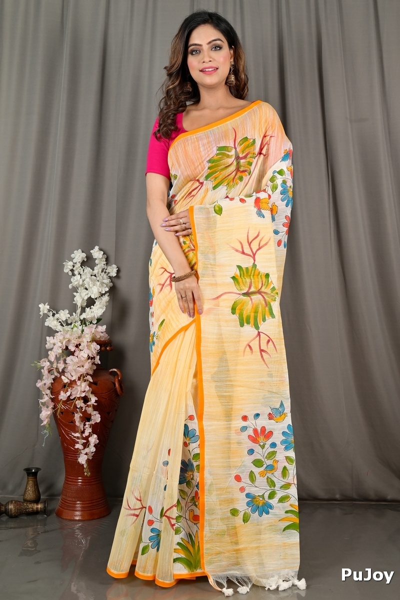 Yellow Blended Cotton Korma Printed Handloom Saree (2083)