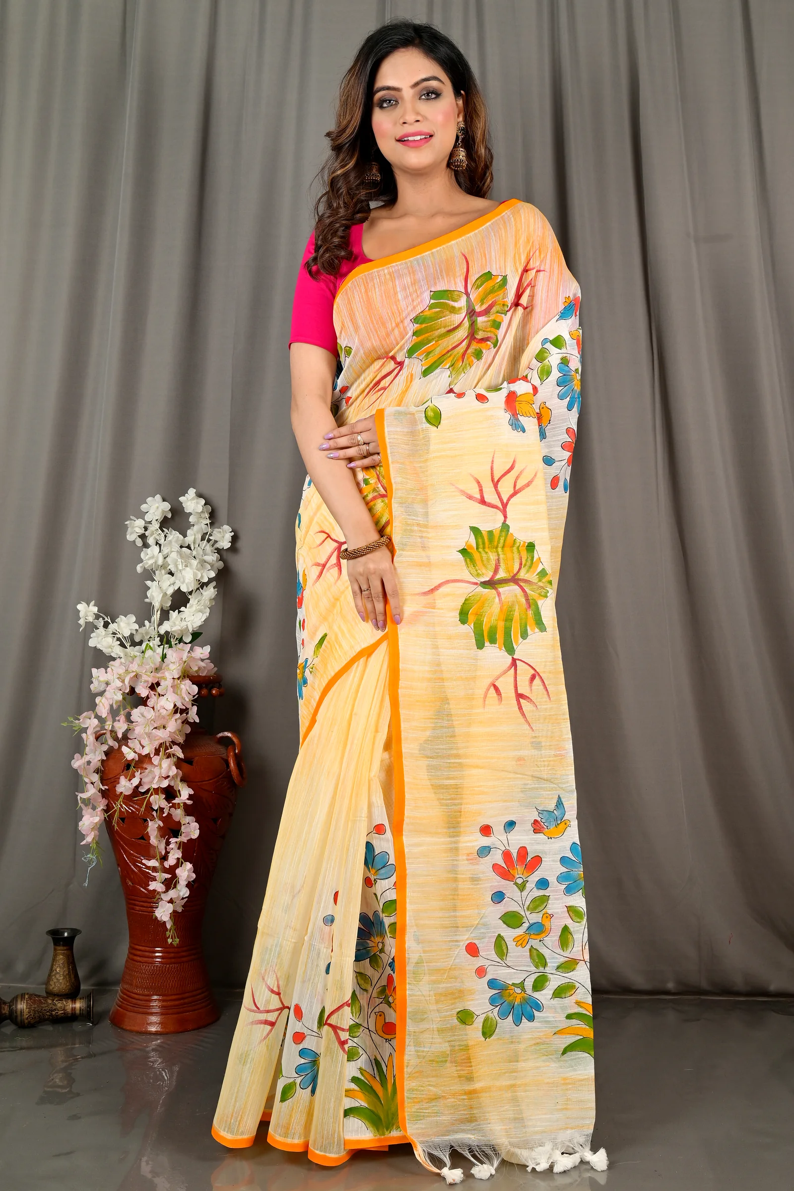 Yellow Blended Cotton Korma Printed Handloom Saree (2083)