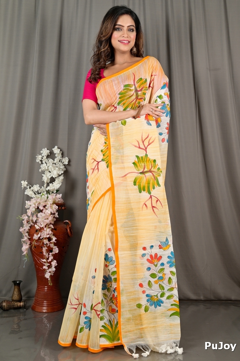 Yellow Blended Cotton Korma Printed Handloom Saree (2083)