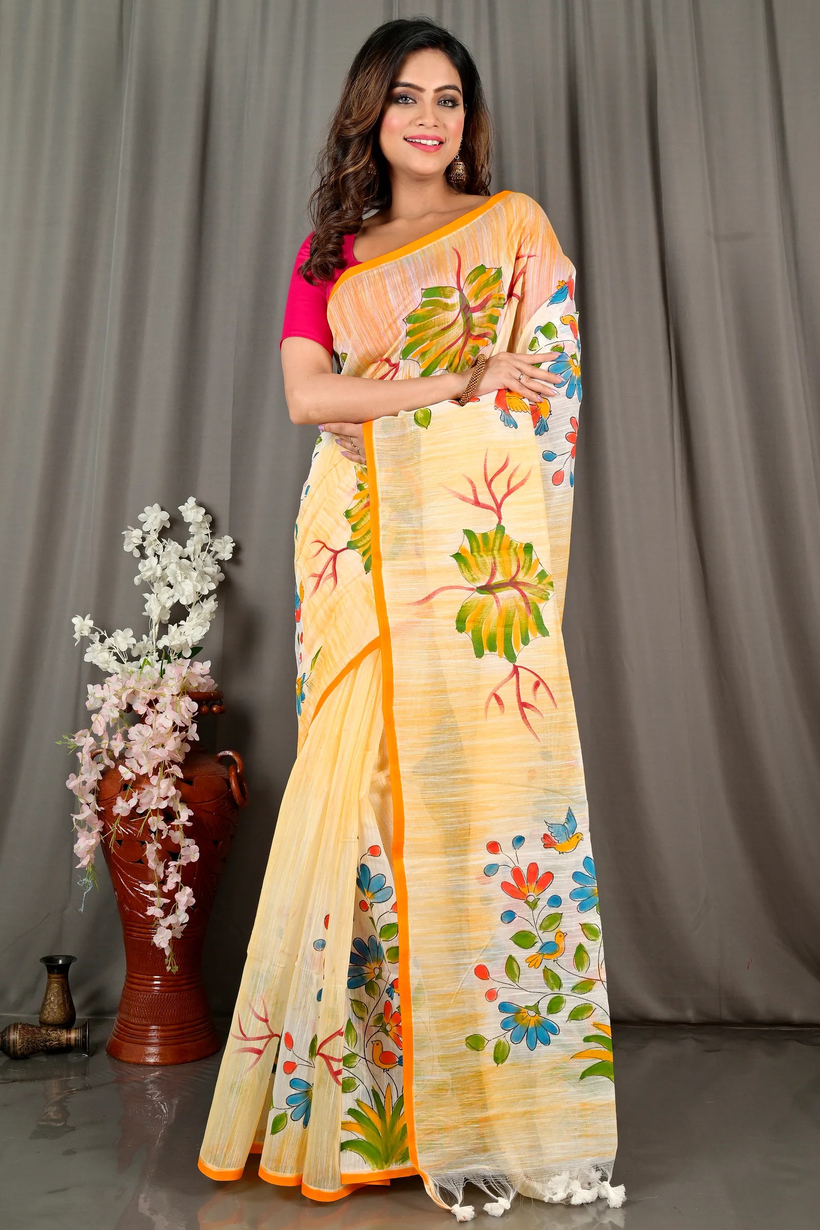 Yellow Blended Cotton Korma Printed Handloom Saree (2083)