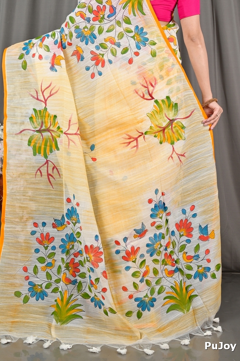 Yellow Blended Cotton Korma Printed Handloom Saree (2083)