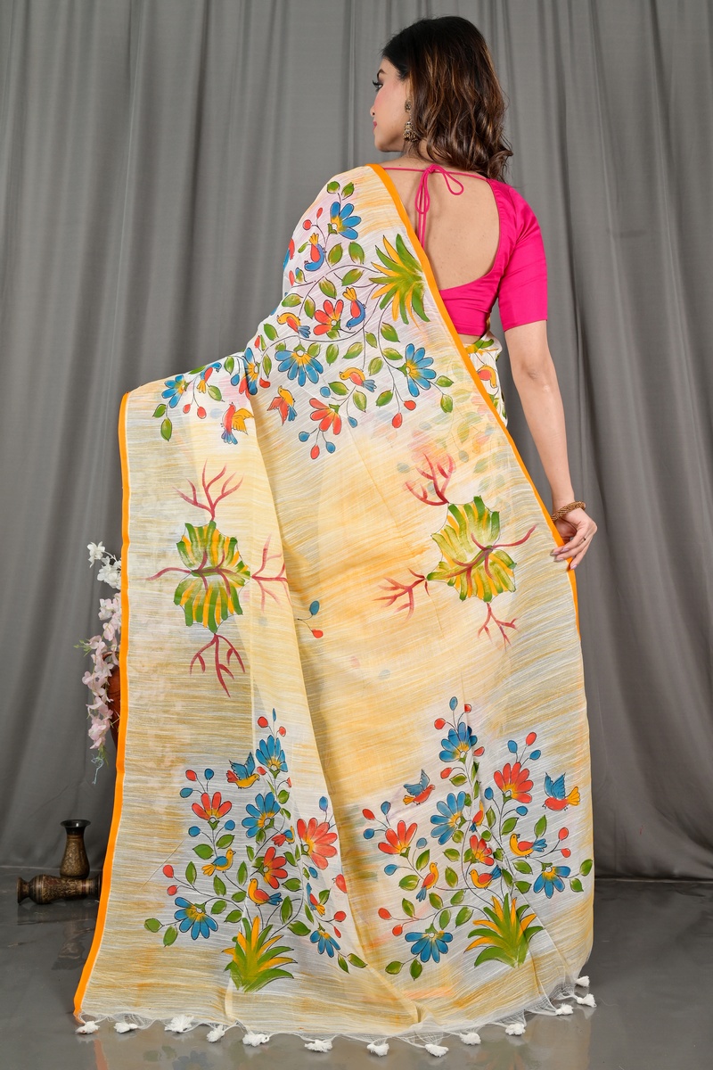 Yellow Blended Cotton Korma Printed Handloom Saree (2083)