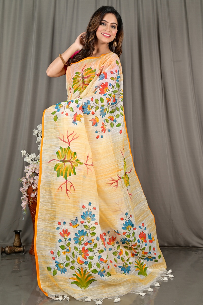 Yellow Blended Cotton Korma Printed Handloom Saree (2083)