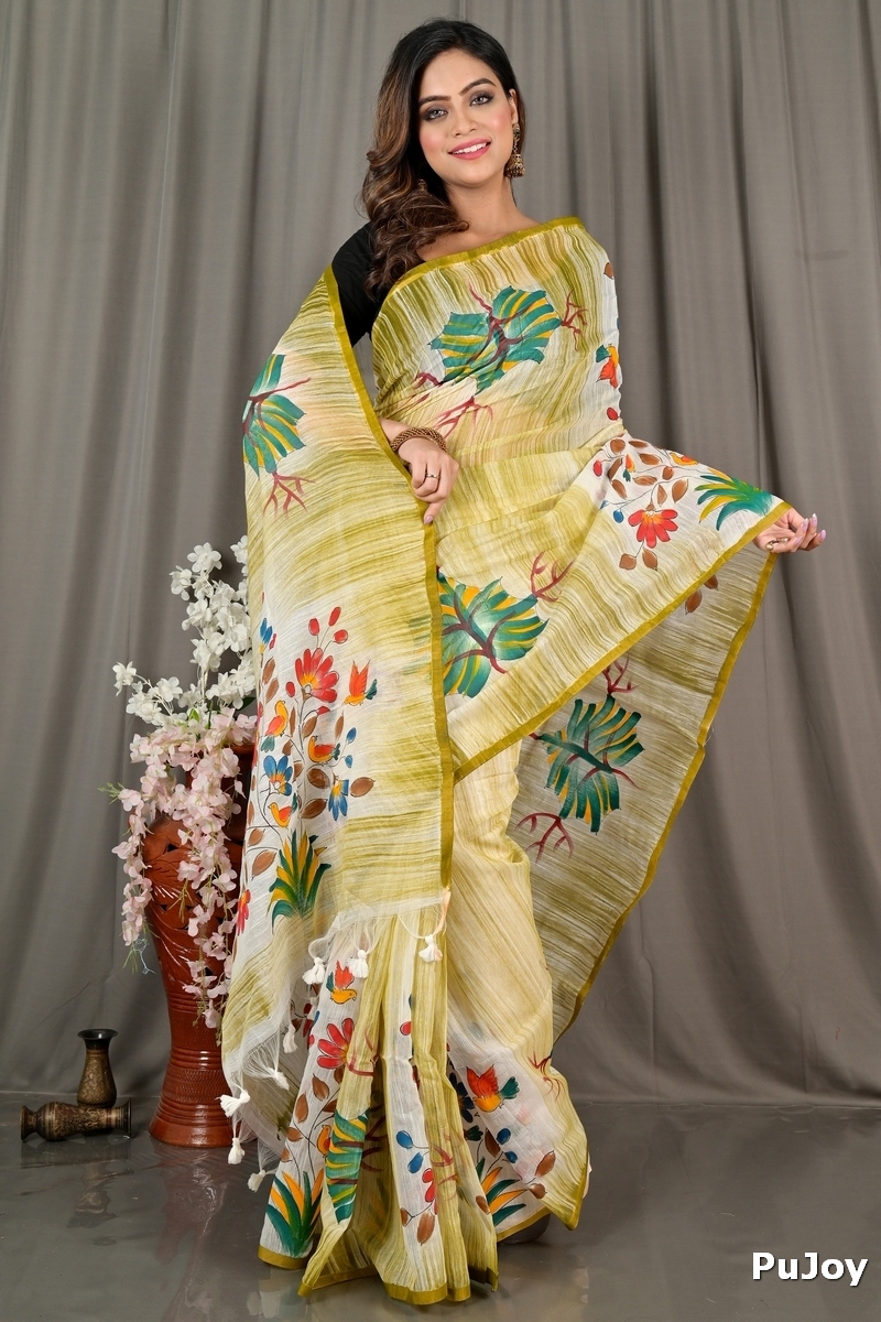Green Blended Cotton Korma Printed Handloom Saree (2084)