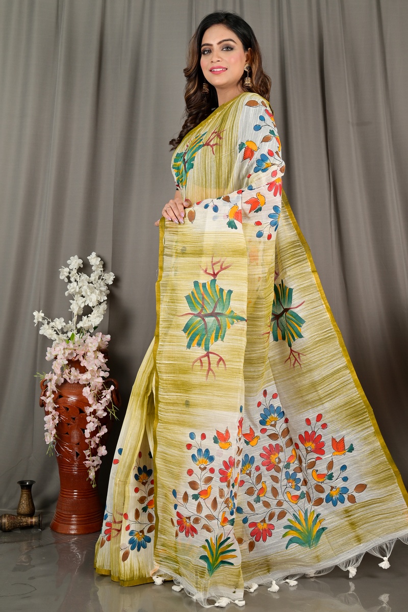 Green Blended Cotton Korma Printed Handloom Saree (2084)