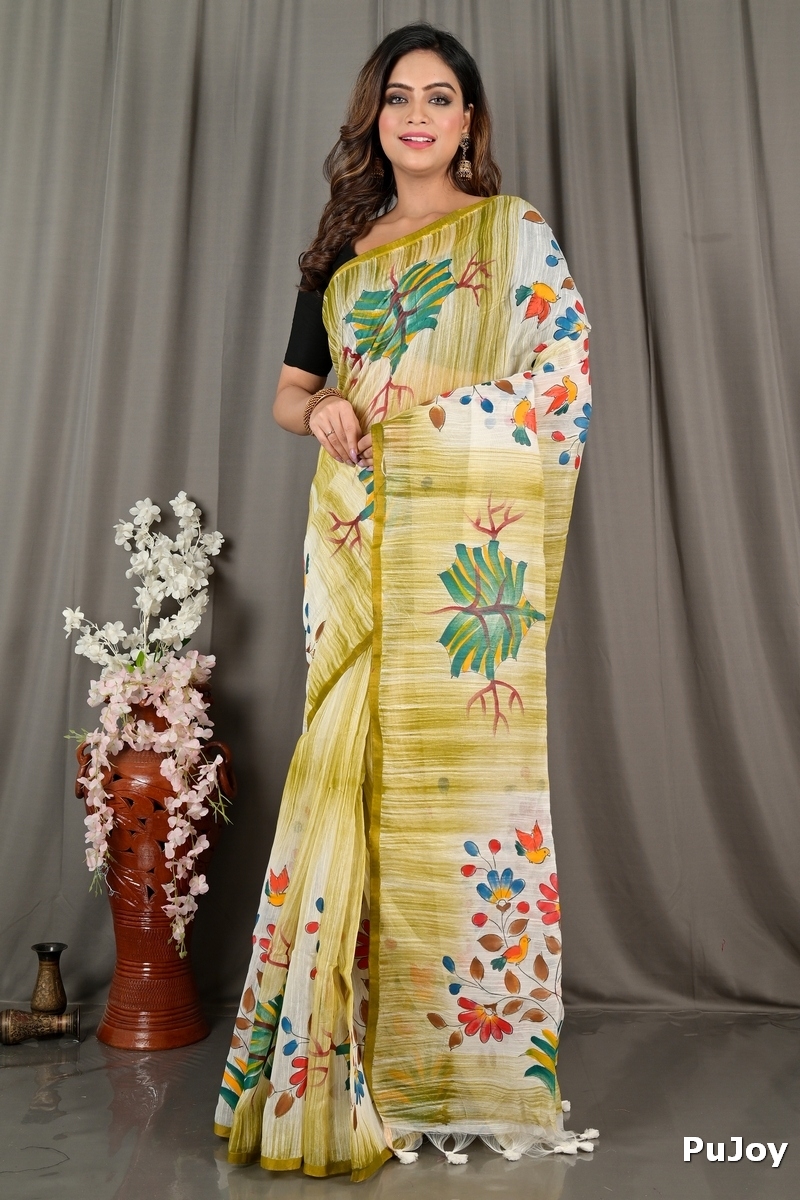 Green Blended Cotton Korma Printed Handloom Saree (2084)