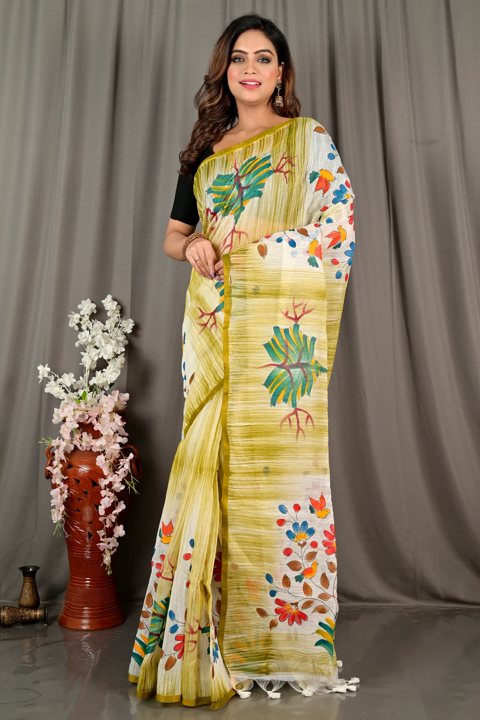 Green Blended Cotton Korma Printed Handloom Saree (2084)