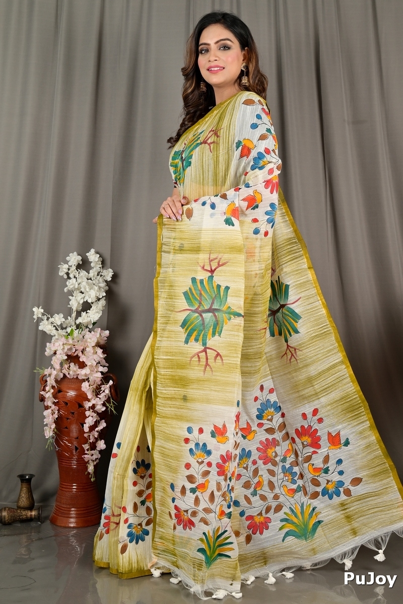 Green Blended Cotton Korma Printed Handloom Saree (2084)