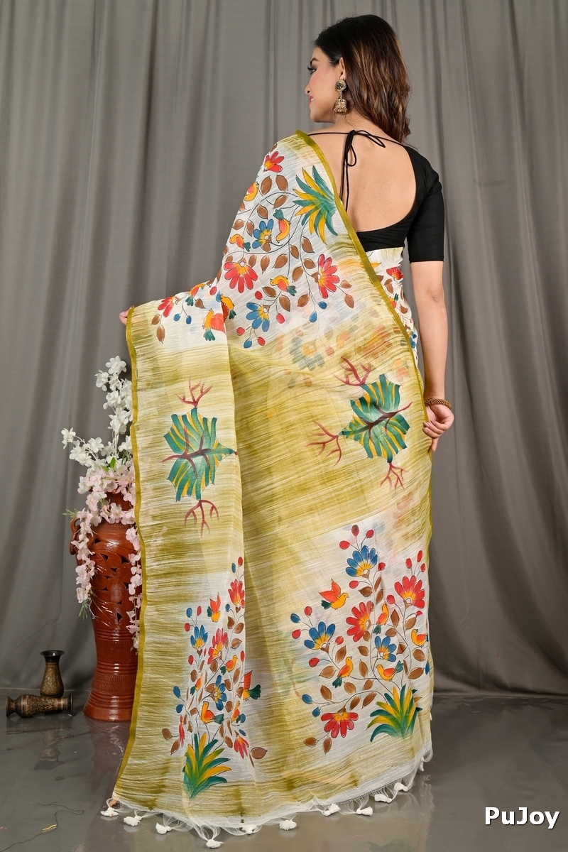 Green Blended Cotton Korma Printed Handloom Saree (2084)