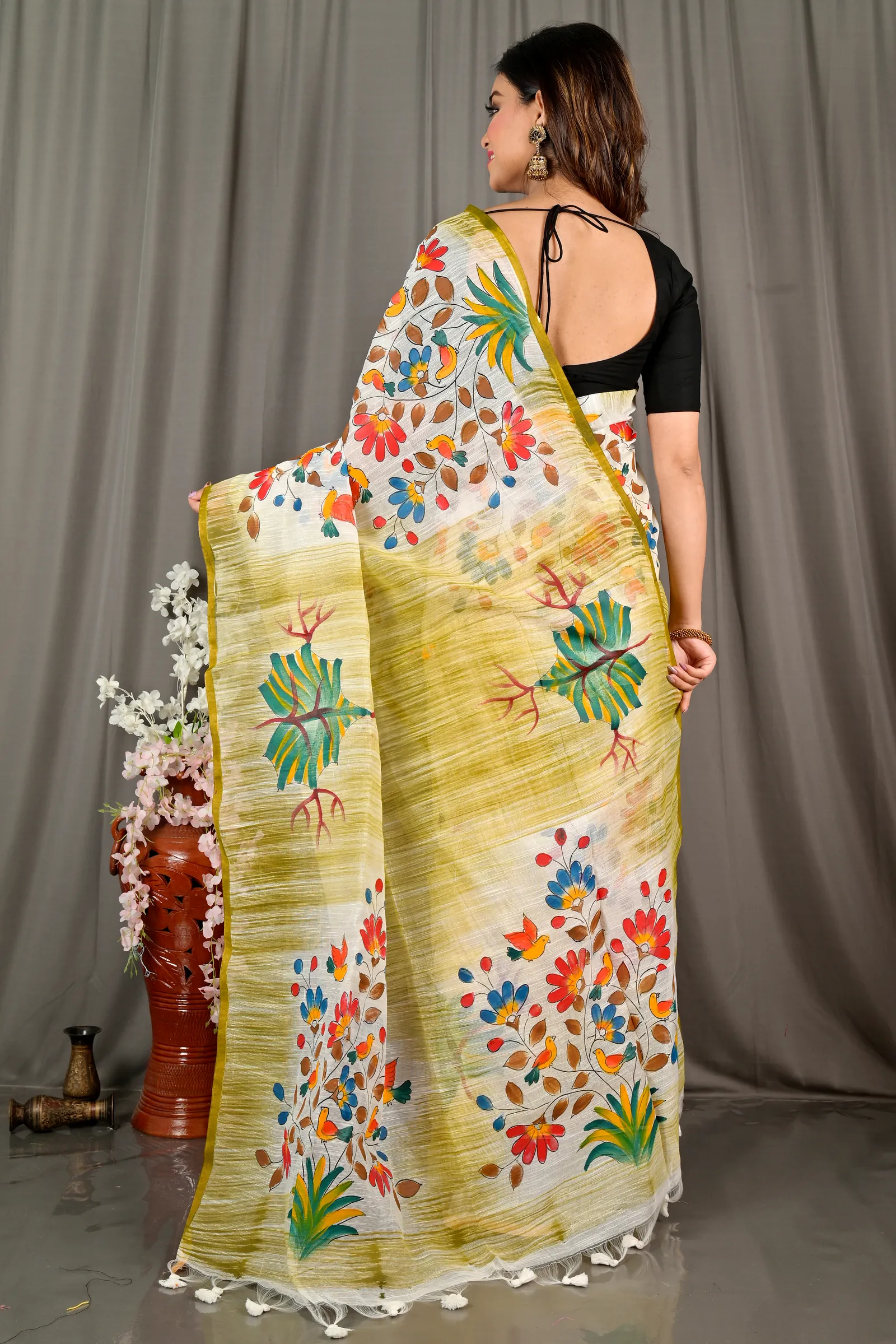 Green Blended Cotton Korma Printed Handloom Saree (2084)