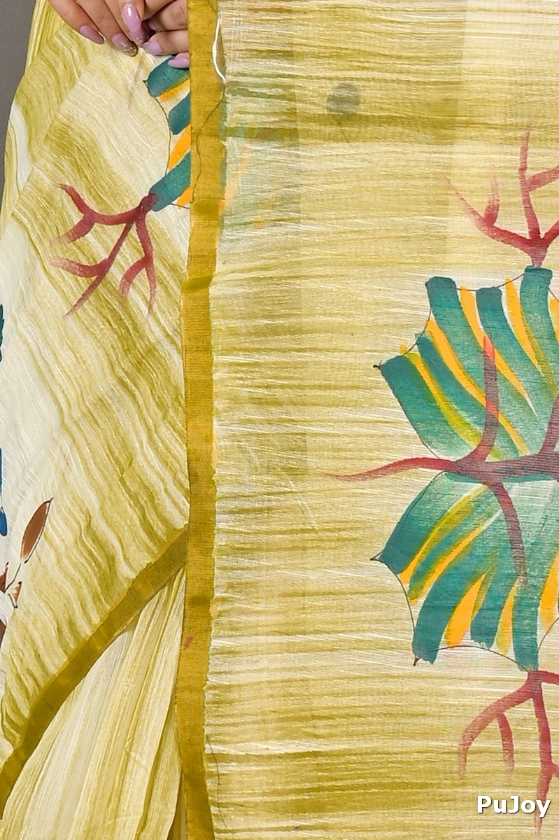 Green Blended Cotton Korma Printed Handloom Saree (2084)