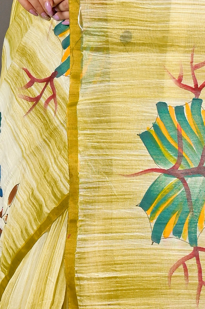 Green Blended Cotton Korma Printed Handloom Saree (2084)