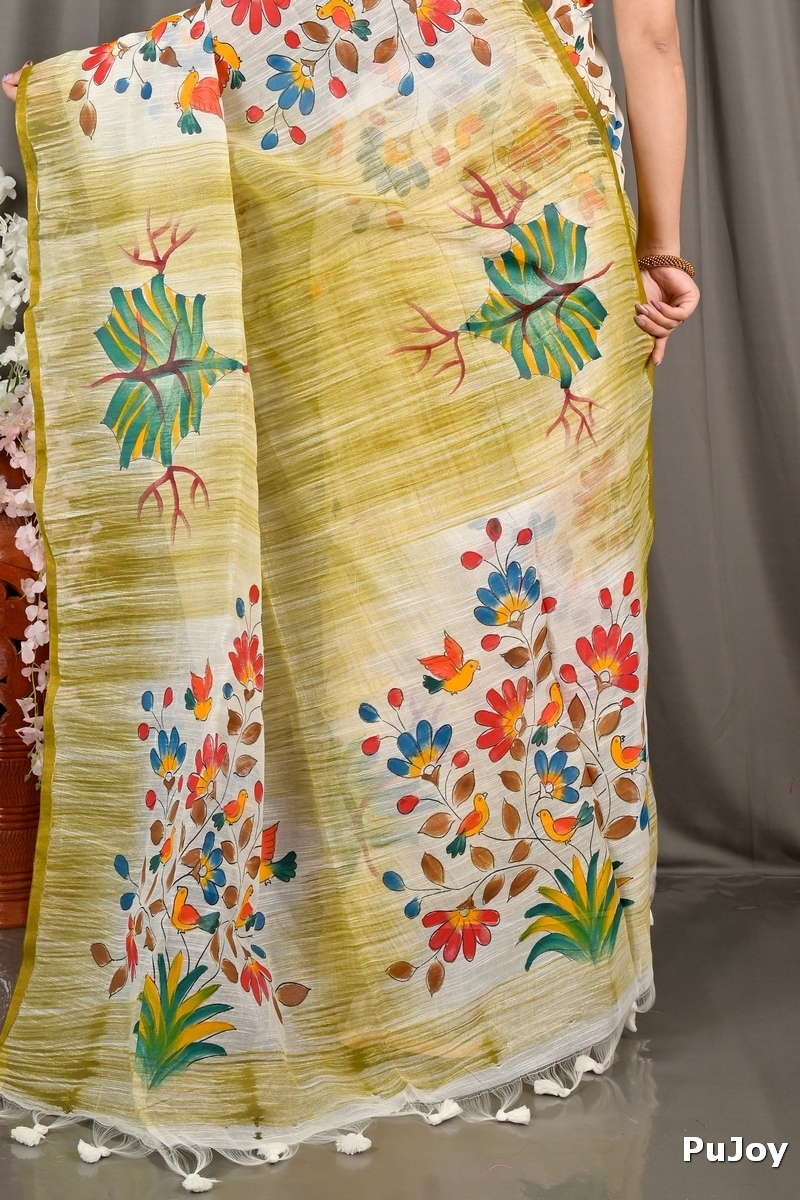 Green Blended Cotton Korma Printed Handloom Saree (2084)