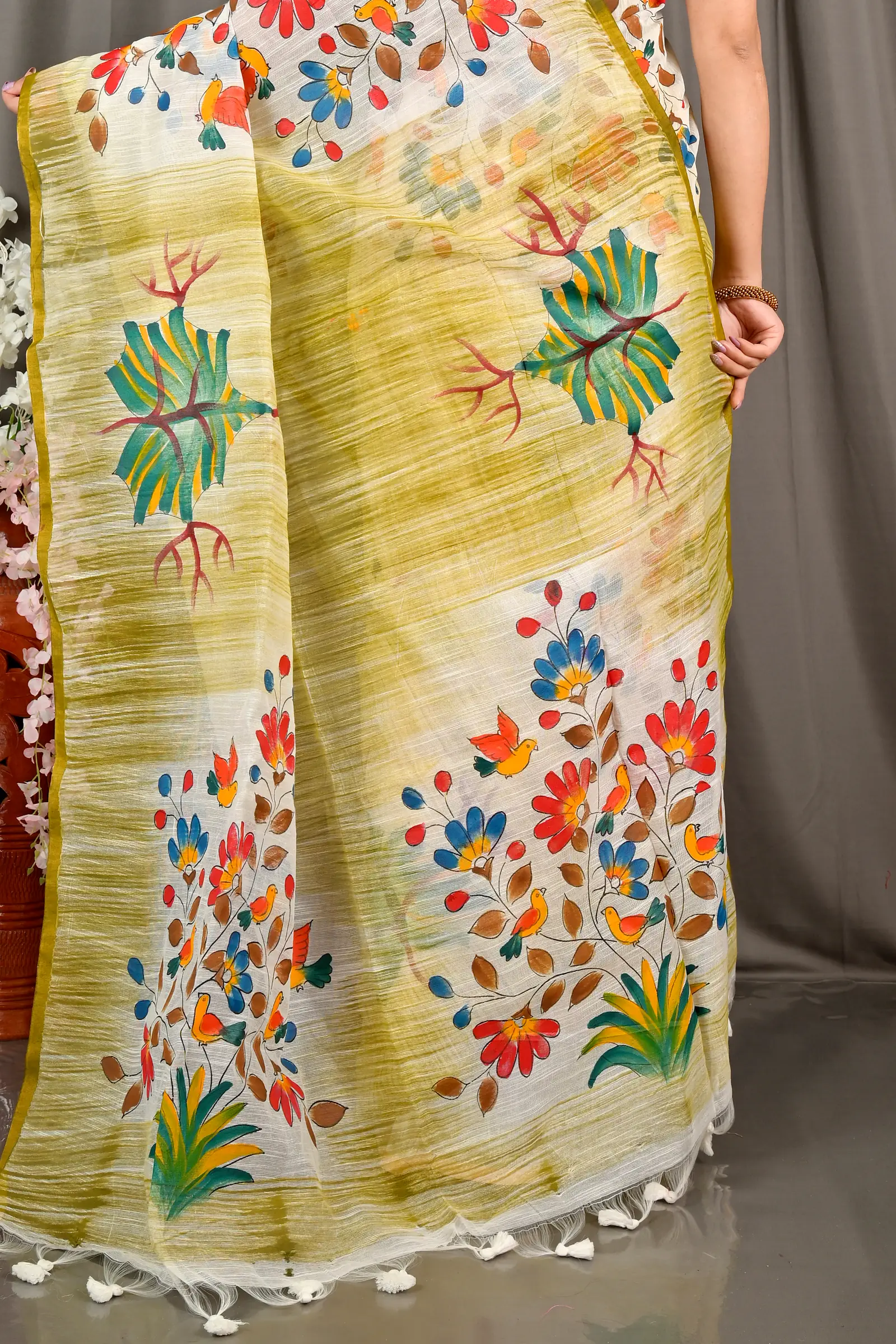Green Blended Cotton Korma Printed Handloom Saree (2084)
