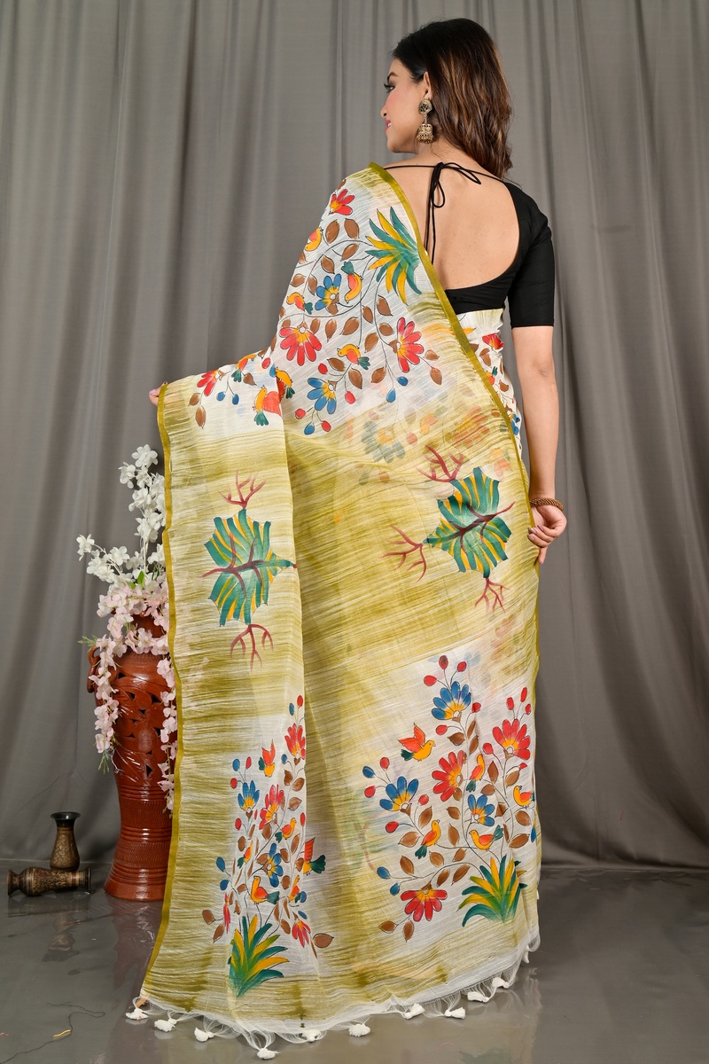 Green Blended Cotton Korma Printed Handloom Saree (2084)