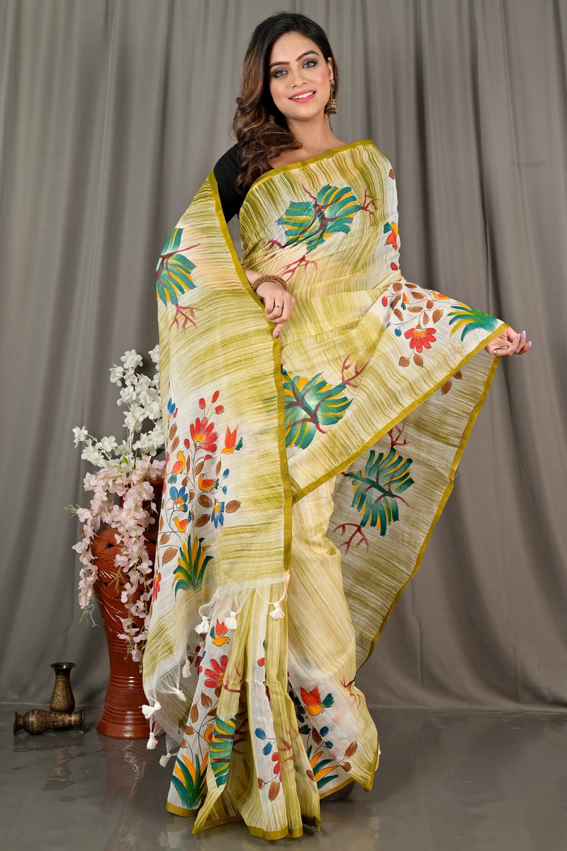 Green Blended Cotton Korma Printed Handloom Saree (2084)