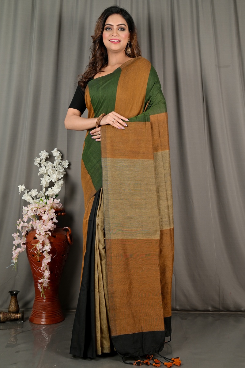 Brown Green Pure Cotton Nator Hand Loom Saree (2085)