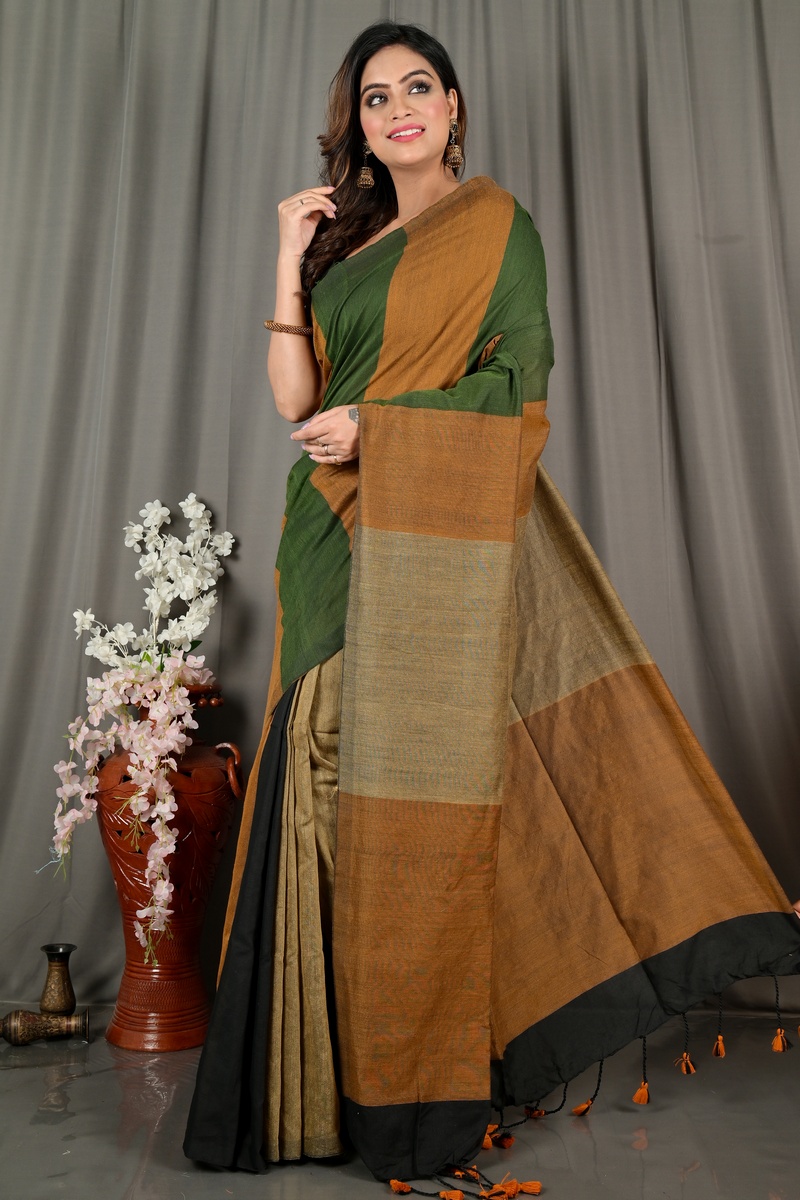 Brown Green Pure Cotton Nator Hand Loom Saree (2085)