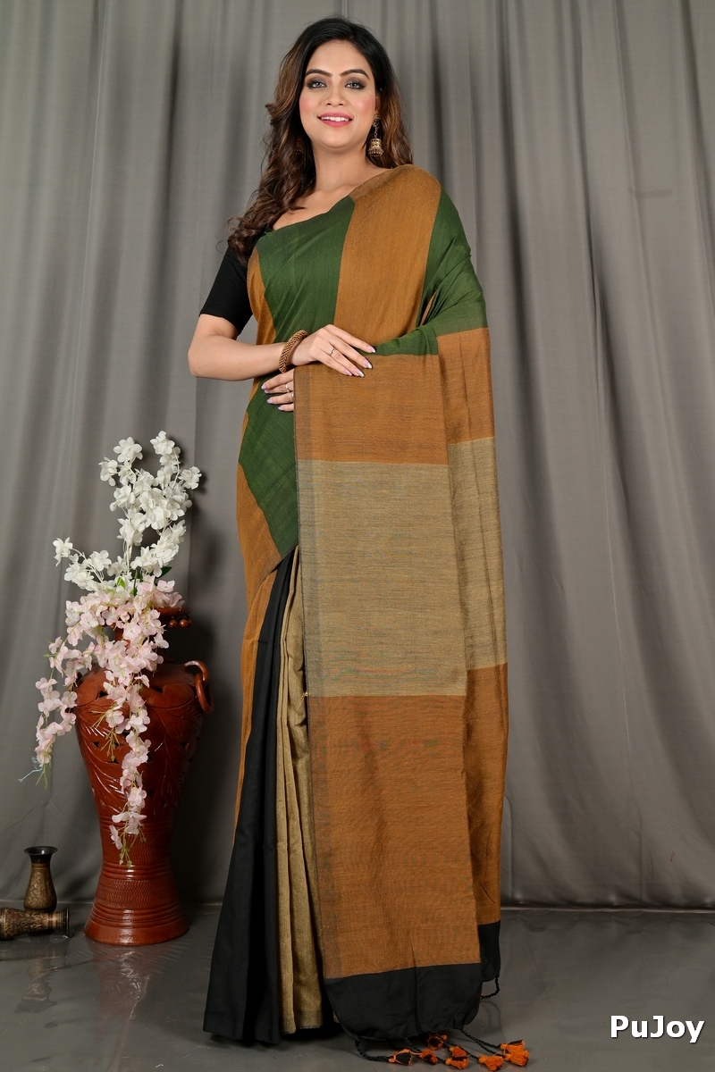 Brown Green Pure Cotton Nator Hand Loom Saree (2085)