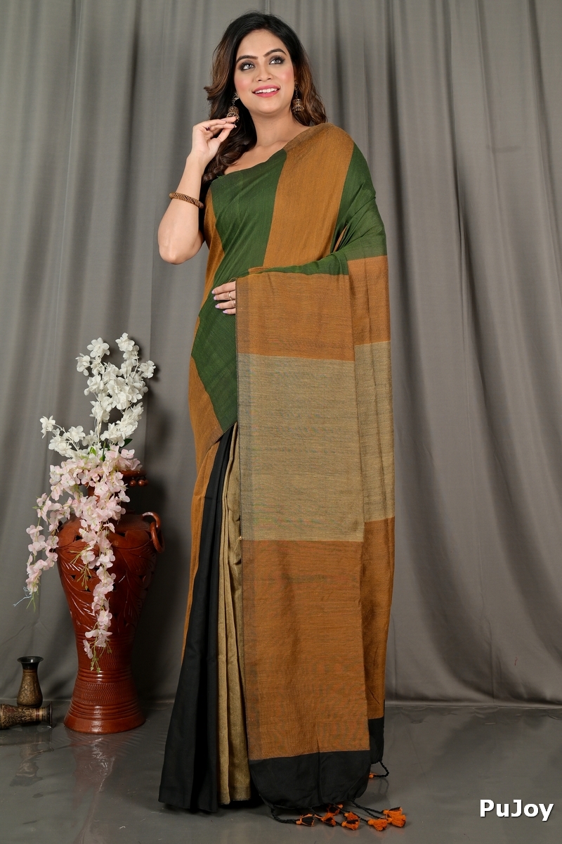 Brown Green Pure Cotton Nator Hand Loom Saree (2085)