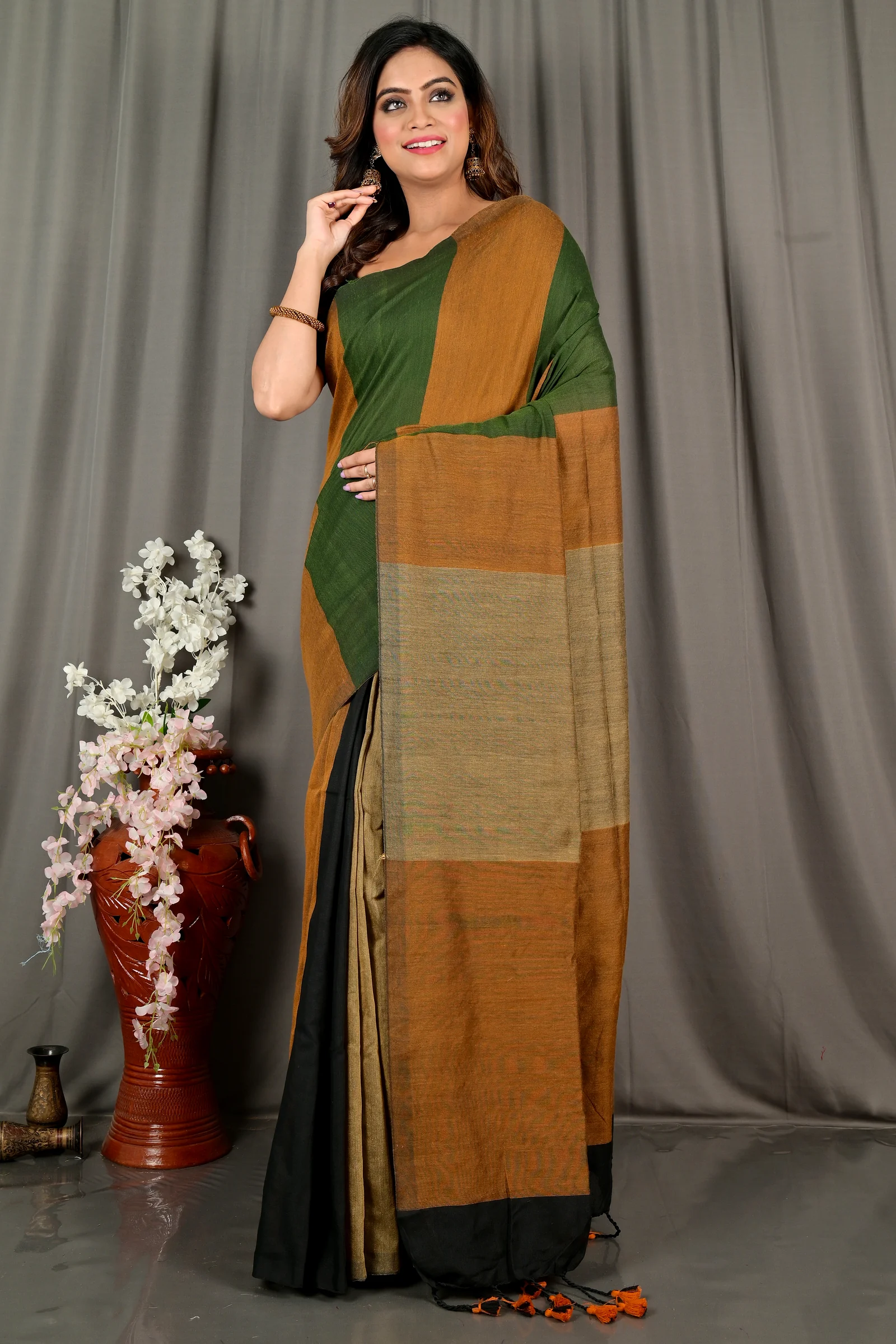Brown Green Pure Cotton Nator Hand Loom Saree (2085)
