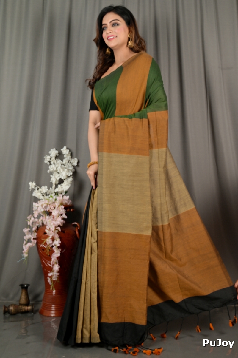 Brown Green Pure Cotton Nator Hand Loom Saree (2085)