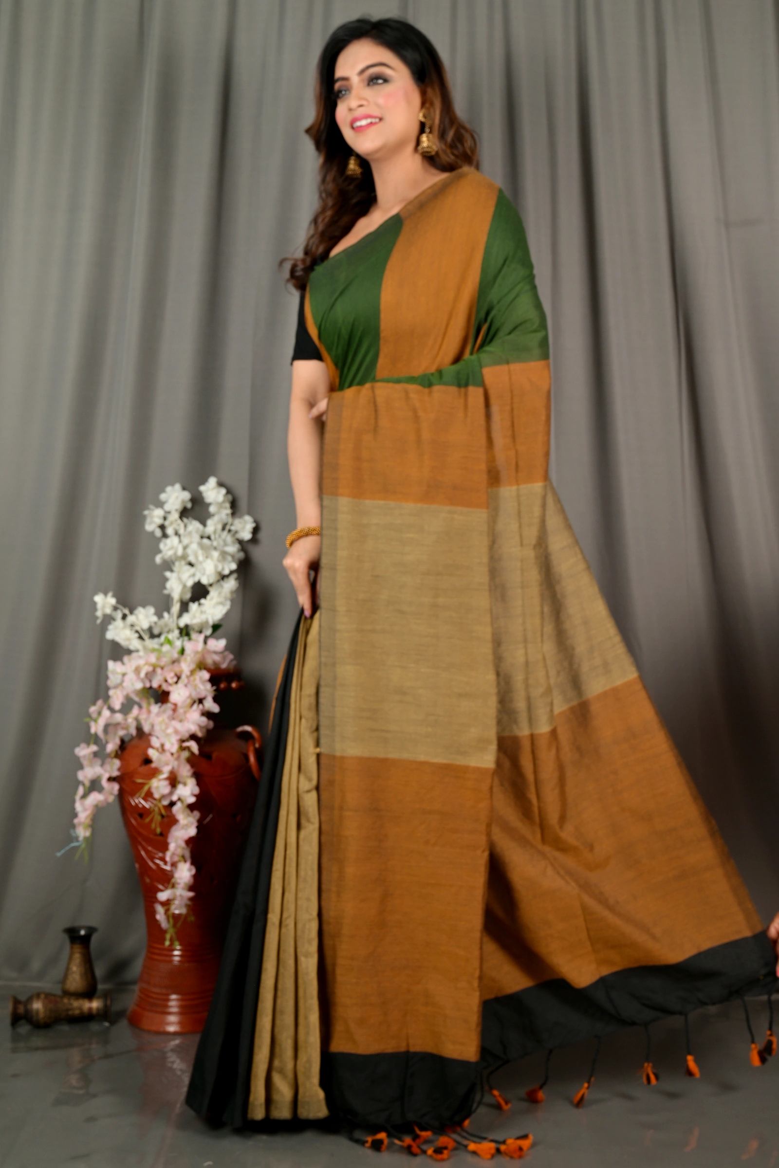 Brown Green Pure Cotton Nator Hand Loom Saree (2085)