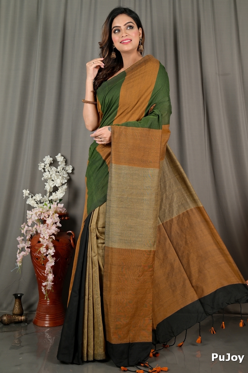 Brown Green Pure Cotton Nator Hand Loom Saree (2085)