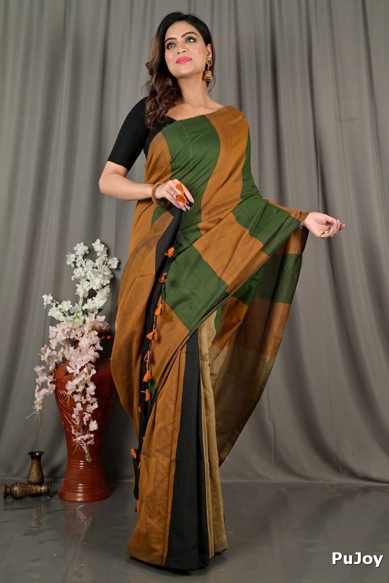 Brown Green Pure Cotton Nator Hand Loom Saree (2085)