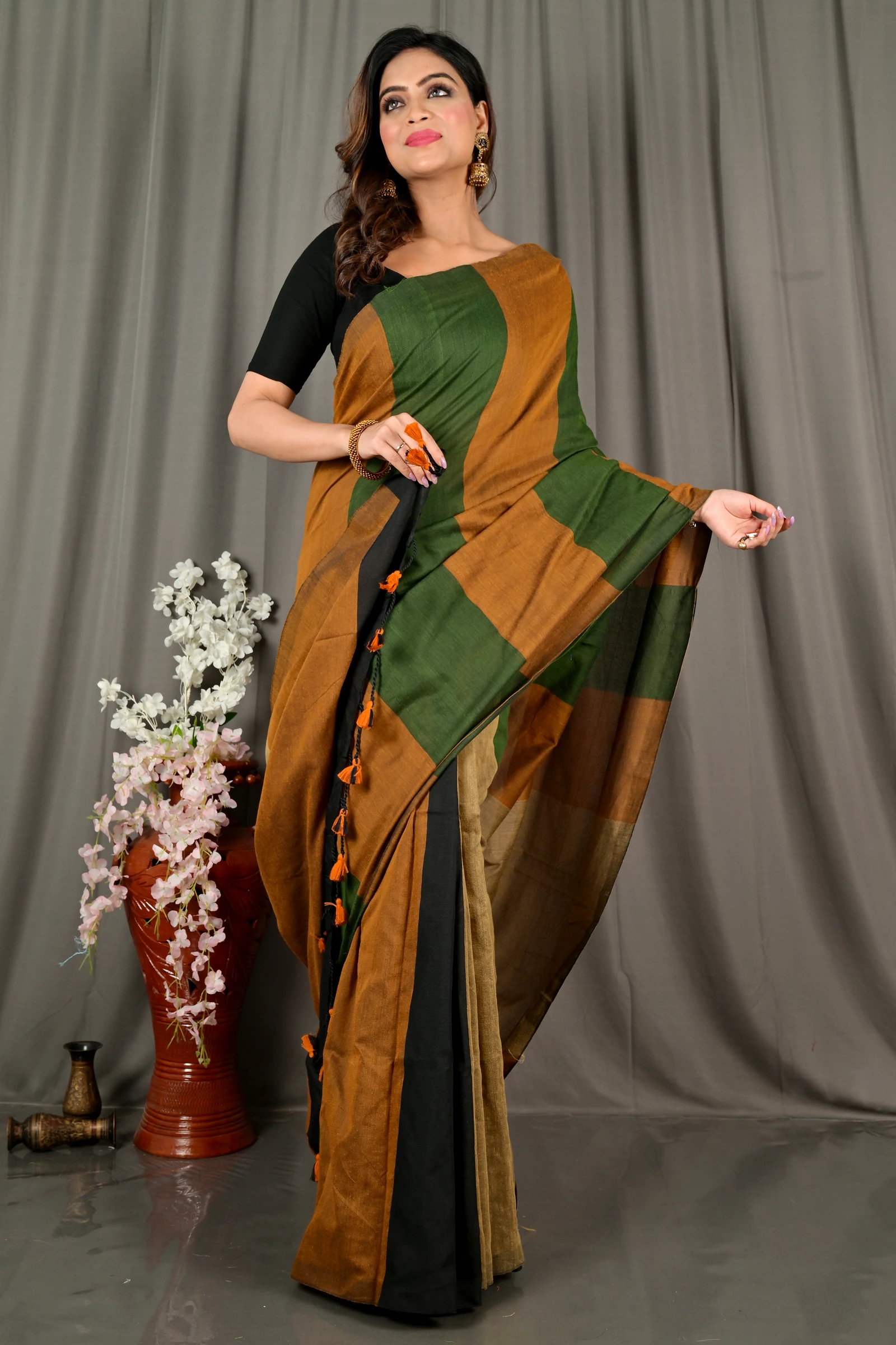 Brown Green Pure Cotton Nator Hand Loom Saree (2085)