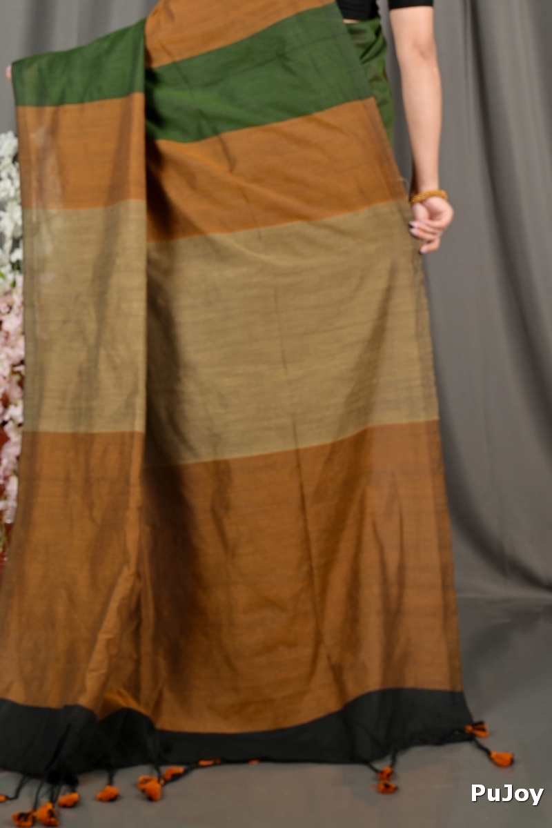 Brown Green Pure Cotton Nator Hand Loom Saree (2085)