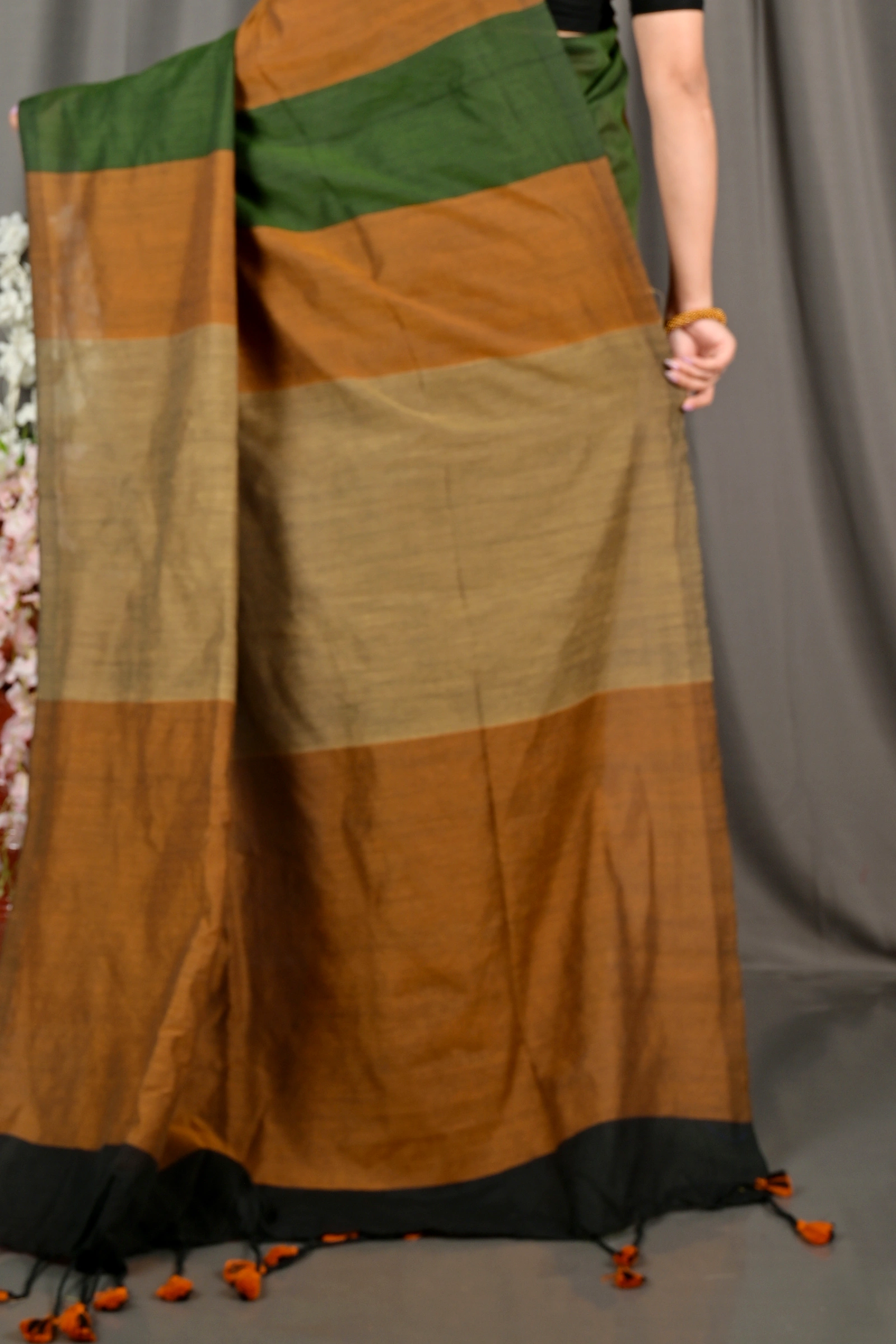 Brown Green Pure Cotton Nator Hand Loom Saree (2085)