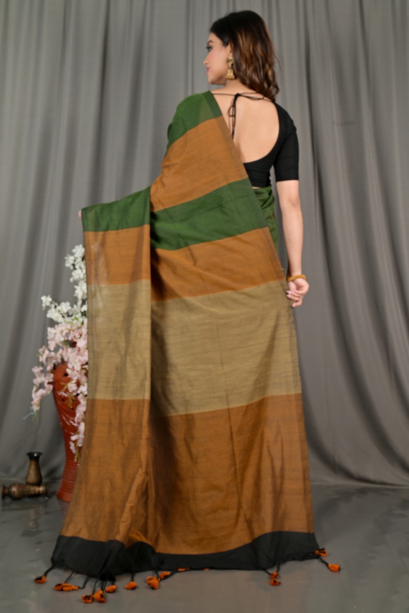 Brown Green Pure Cotton Nator Hand Loom Saree (2085)