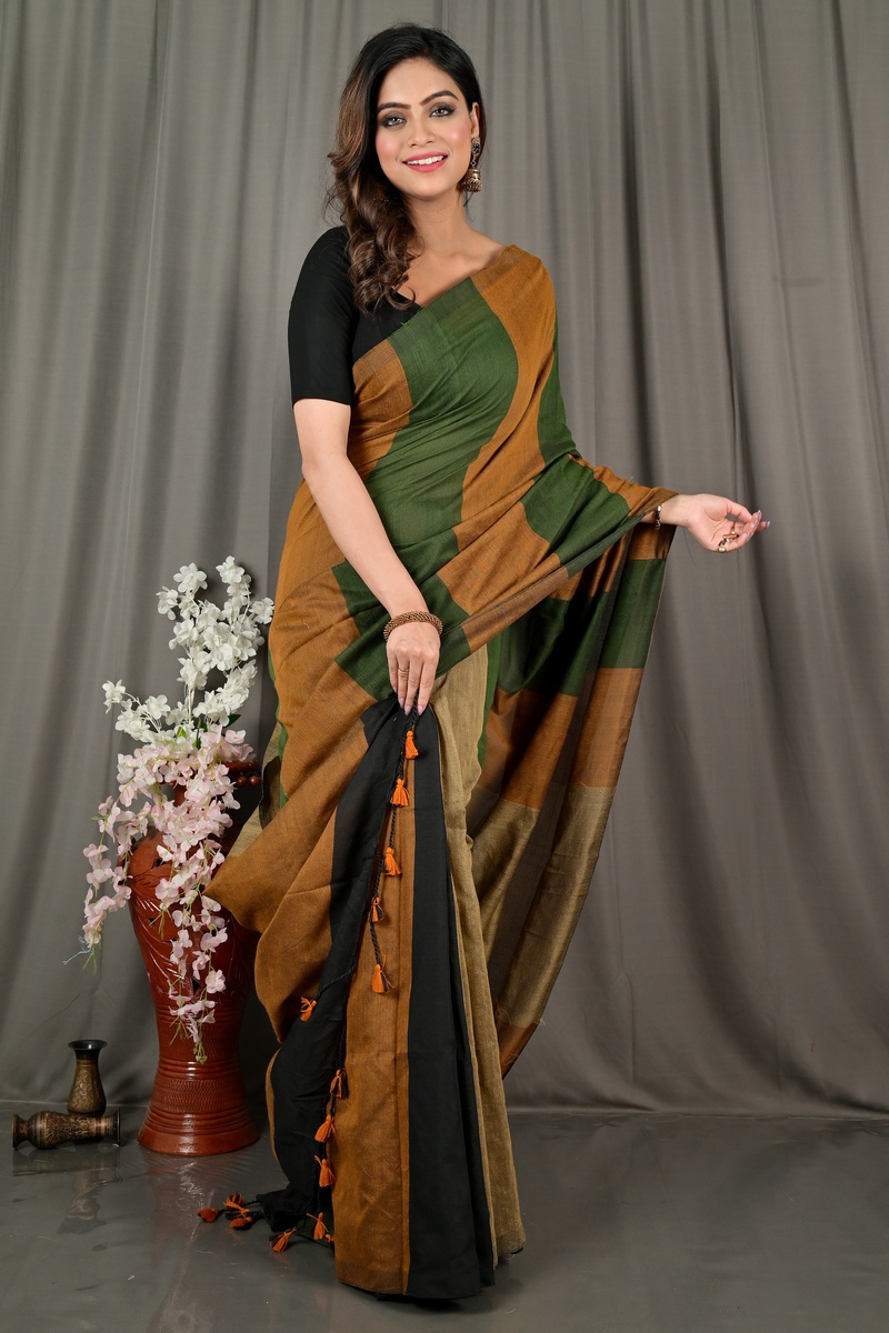 Brown Green Pure Cotton Nator Hand Loom Saree (2085)