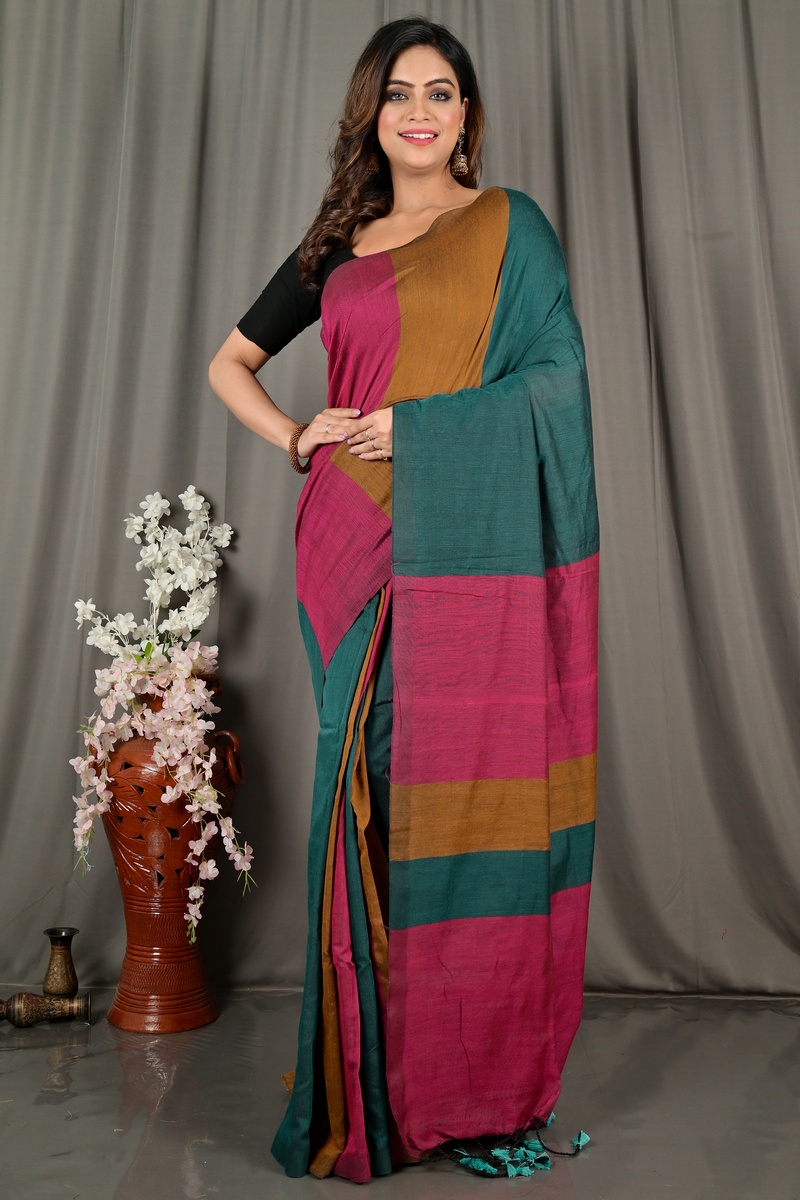 Purple Green Pure Cotton Nator Hand Loom Saree (2086)