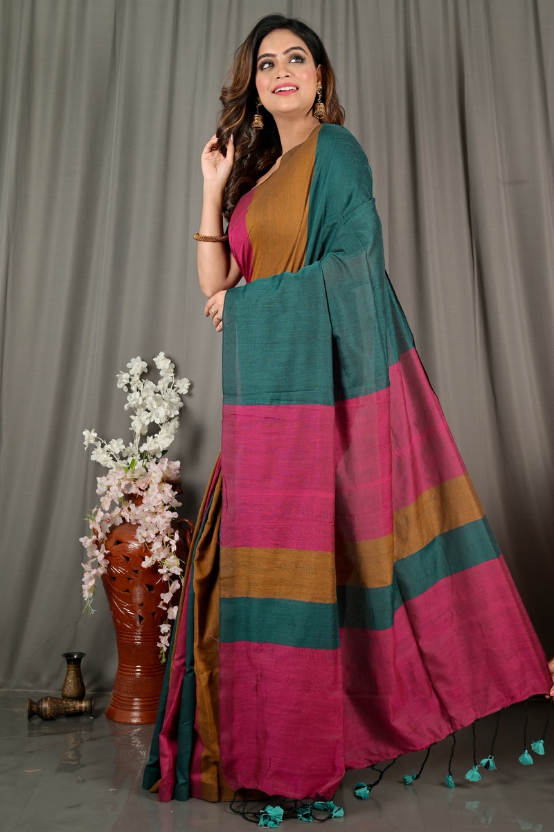 Purple Green Pure Cotton Nator Hand Loom Saree (2086)