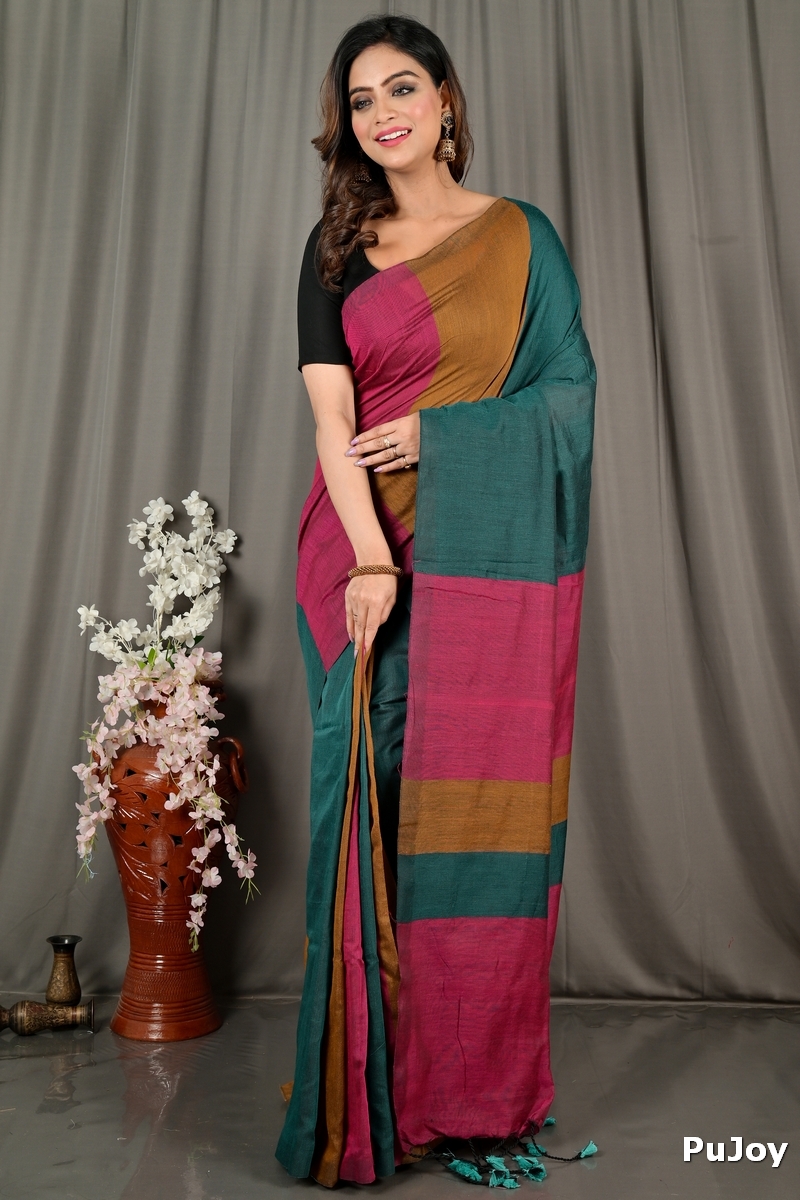 Purple Green Pure Cotton Nator Hand Loom Saree (2086)