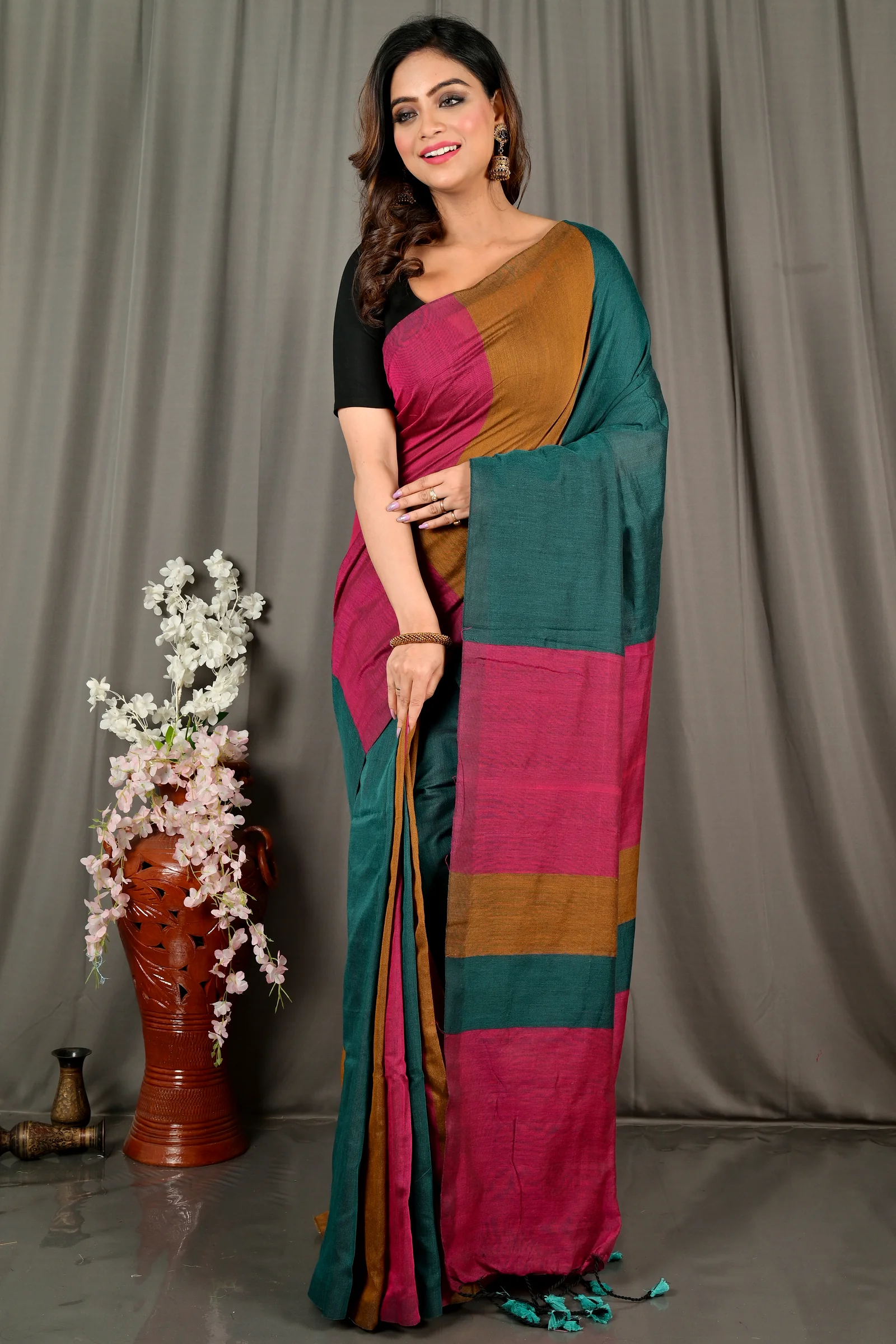 Purple Green Pure Cotton Nator Hand Loom Saree (2086)