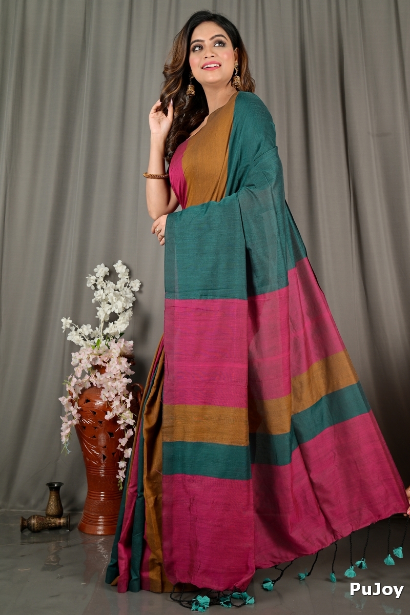Purple Green Pure Cotton Nator Hand Loom Saree (2086)