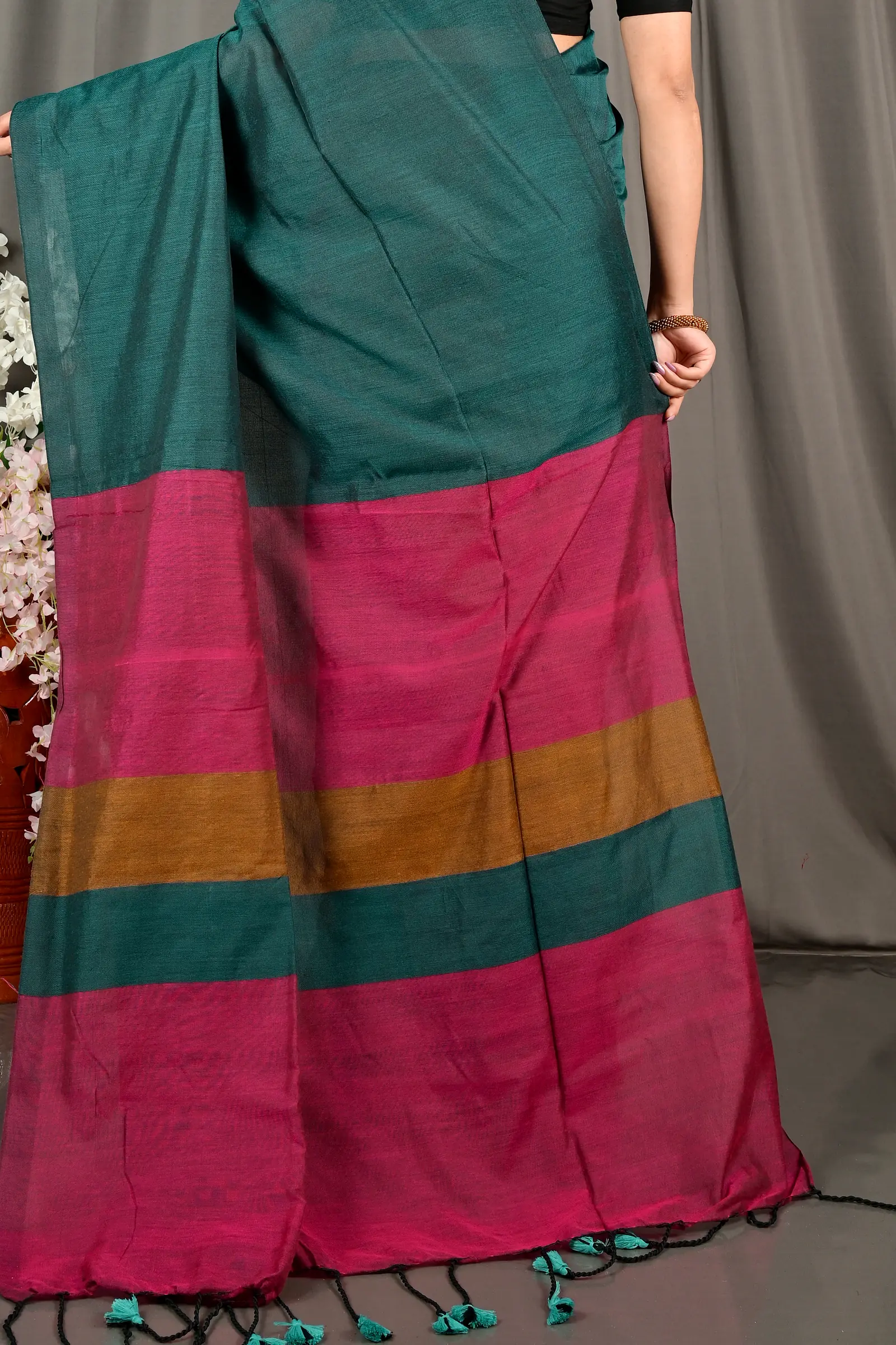 Purple Green Pure Cotton Nator Hand Loom Saree (2086)