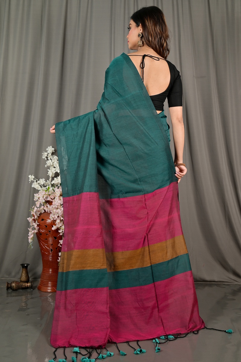 Purple Green Pure Cotton Nator Hand Loom Saree (2086)